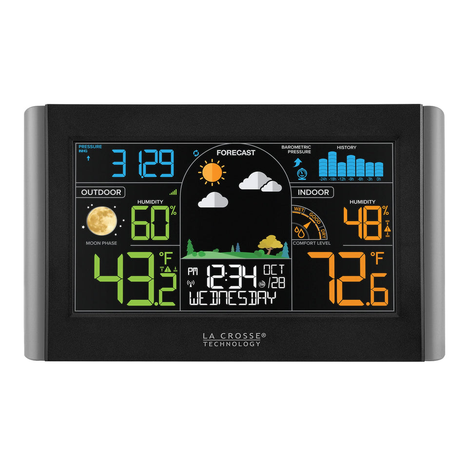 La Crosse S77925-INT weather station display with color forecast for planning outdoor activities.