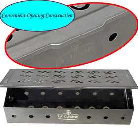 La Cuisine Smoker Box close-up shows the wavy vents for a wider smoke area.