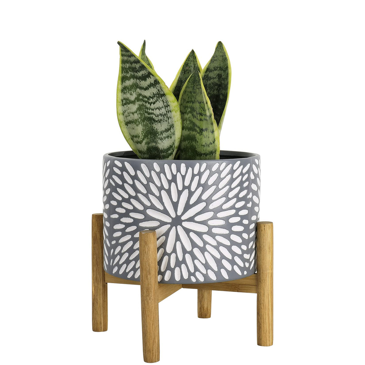 LA JOLIE MUSE ceramic planter with wood stand offers stylish indoor greenery.
