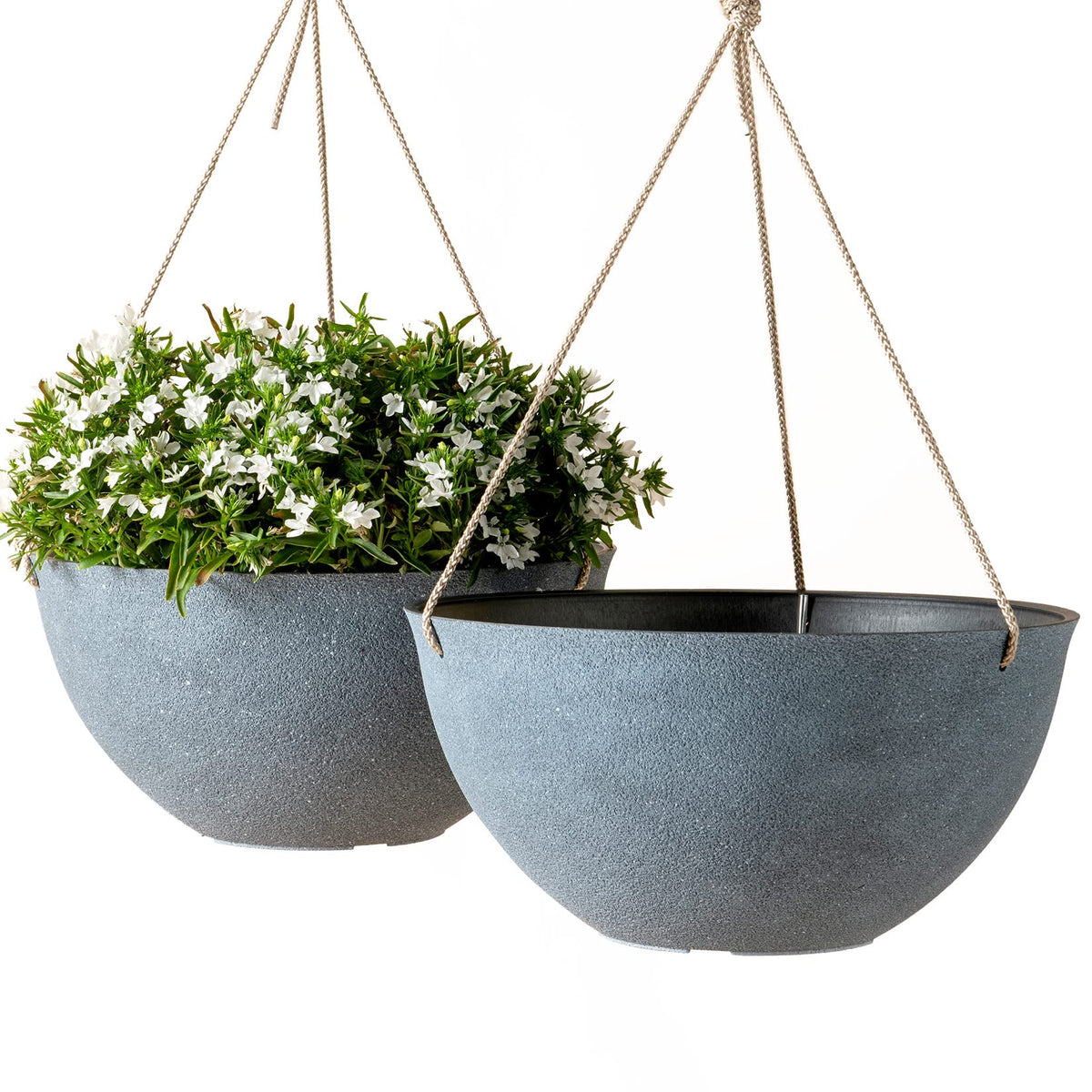 LA JOLIE MUSE weathered gray hanging planter with drainage holes for healthy plants.
