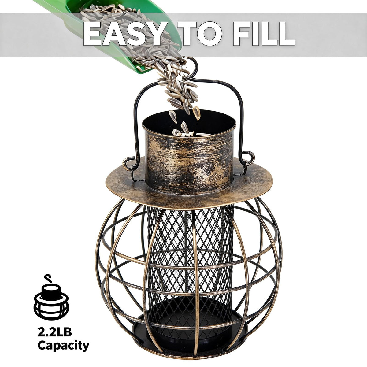 LAbyrent wrought-iron weather-resistant feeder withstands rain and cold.