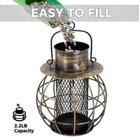 LAbyrent wrought-iron weather-resistant feeder withstands rain and cold.