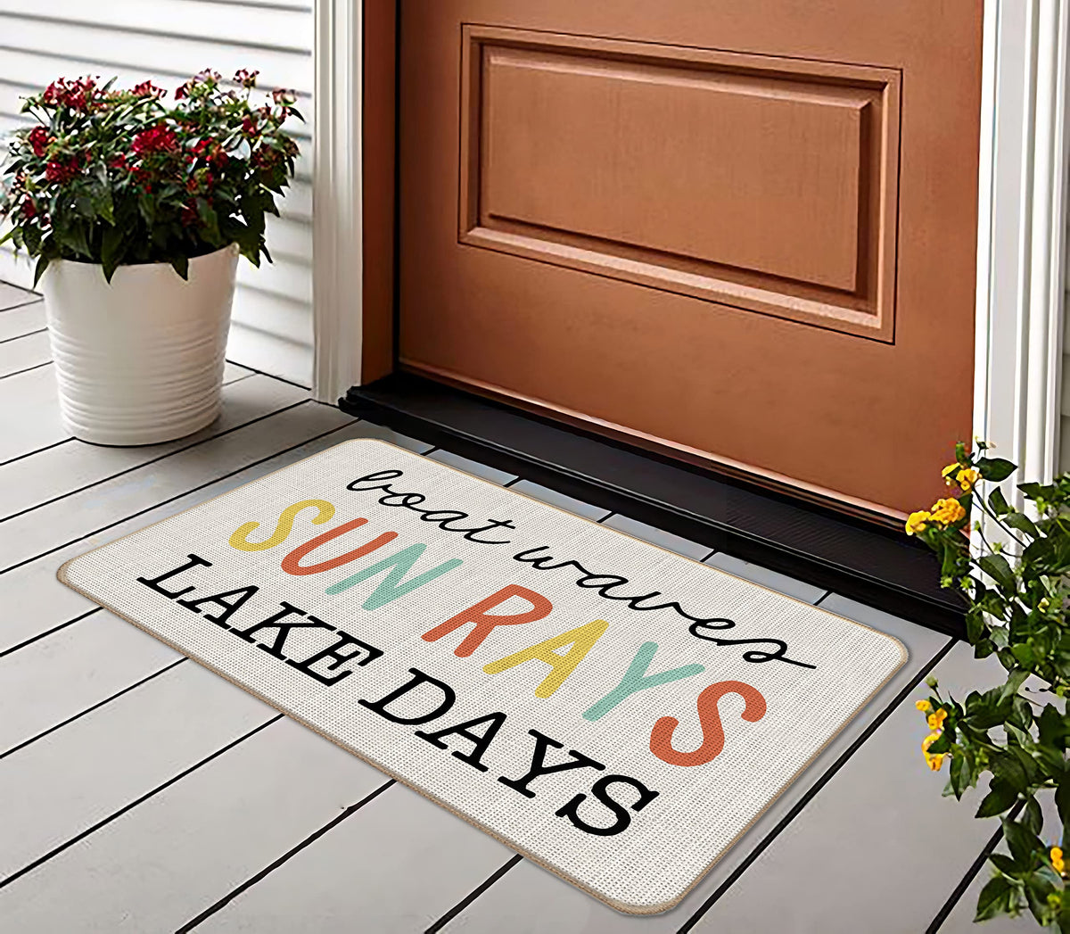 Lacosu sun-rays lake-days doormat adds curb appeal while protecting floors from moisture.