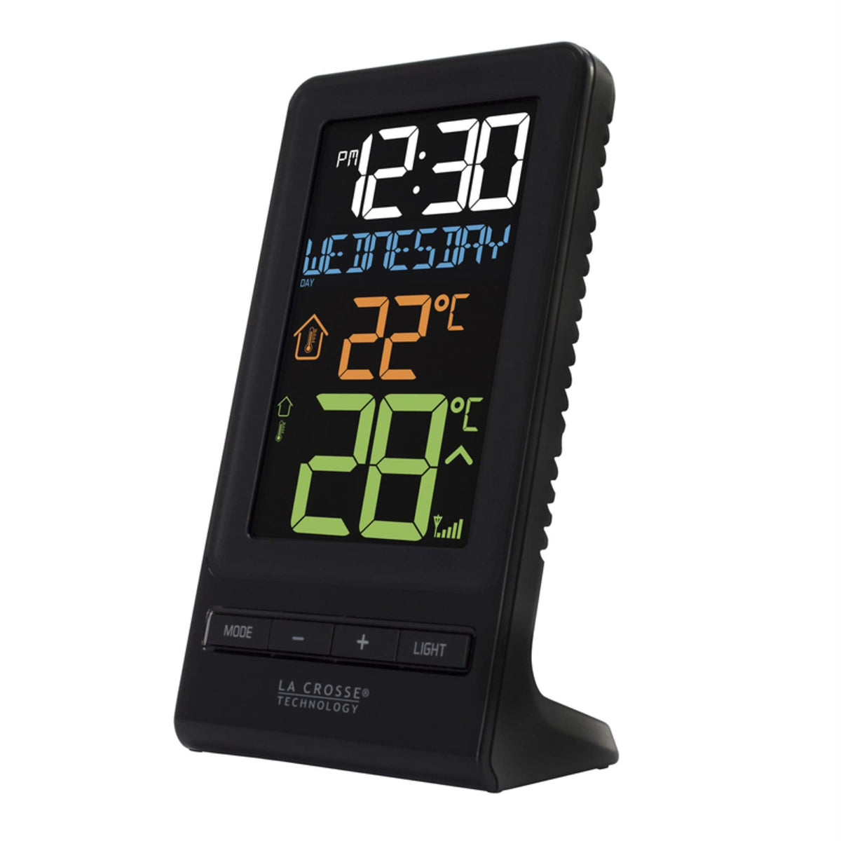 La Crosse Technology 308-1415 thermometer front view shows indoor/outdoor temperature and color LCD.