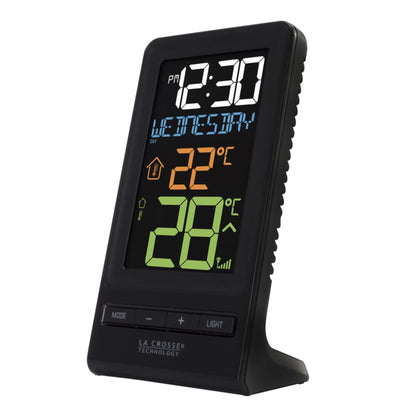 La Crosse Technology 308-1415 thermometer front view shows indoor/outdoor temperature and color LCD.