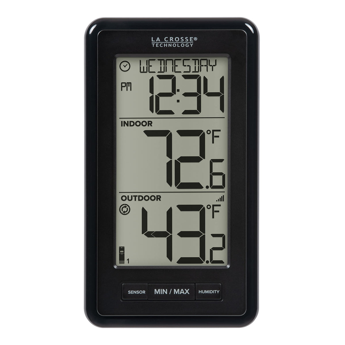 La Crosse 308-43647-INT digital display shows indoor/outdoor temps clearly