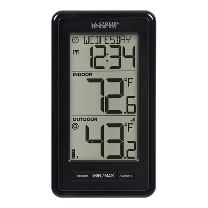 La Crosse 308-43647-INT digital display shows indoor/outdoor temps clearly