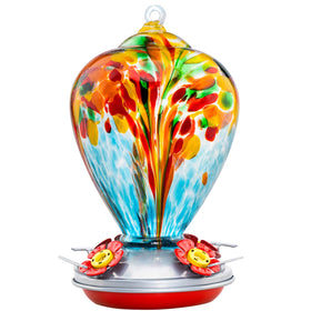 LaElvish Garden hand-blown glass hummingbird feeder hanging, sparkling in sun for backyard birdwatching
