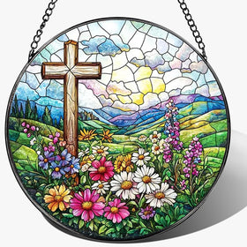 Lafans 8-inch stained glass cross suncatcher gracing a window with vivid rainbow colors.