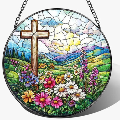 Lafans 8-inch stained glass cross suncatcher gracing a window with vivid rainbow colors.