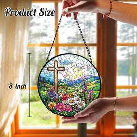 Lafans handcrafted cross suncatcher textured glass adds elegance to windows or doors.