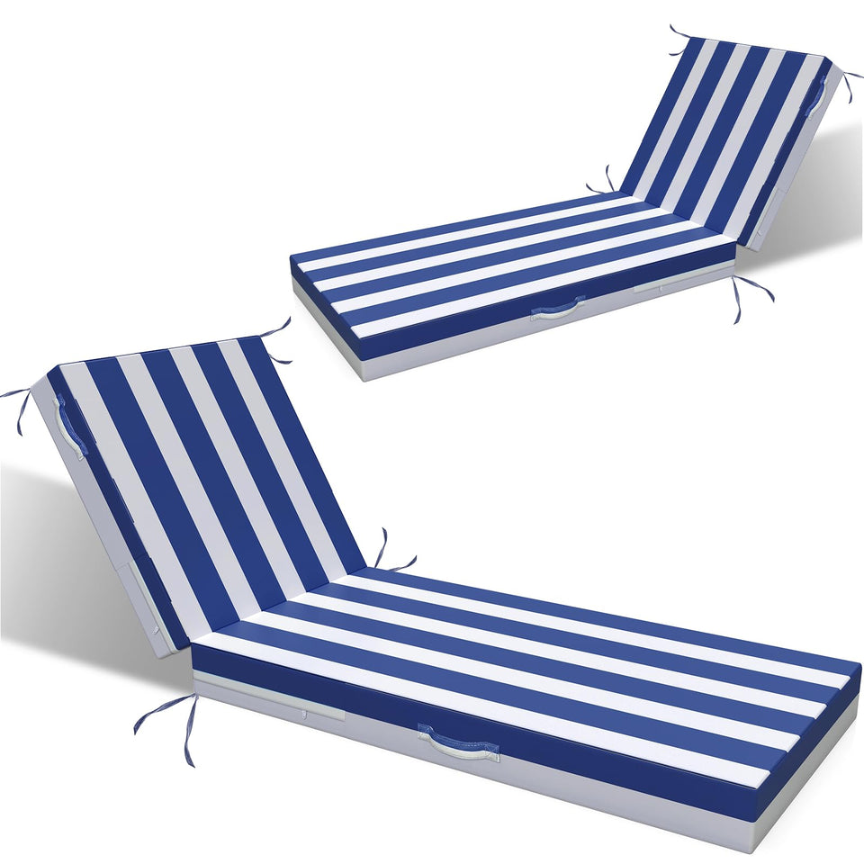 L'AGRATY outdoor lounge cushion navy blue and white on a patio.