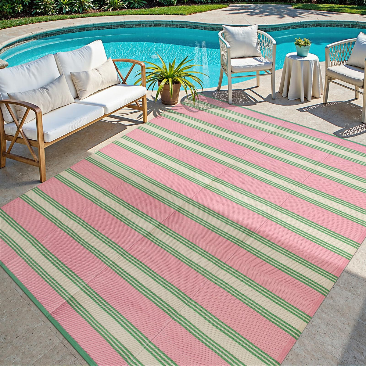 Family-friendly Lahome outdoor rug safe for kids and pets on deck