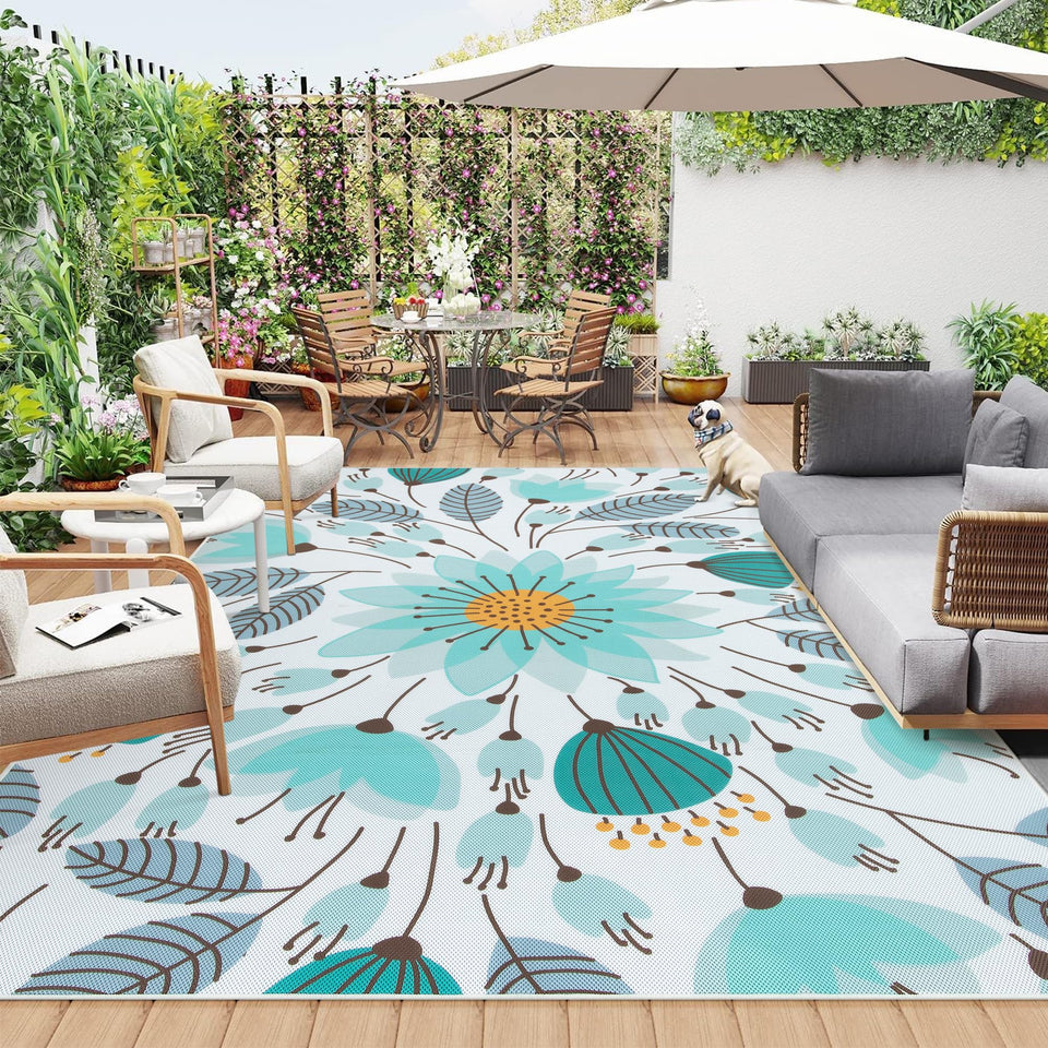 Lahome floral indoor-outdoor rug in blue, 8x10, ideal for patio décor and comfort