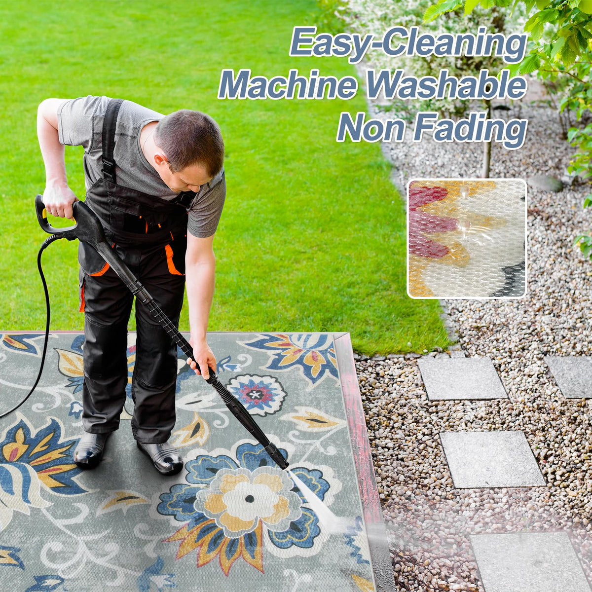 Lahome floral outdoor rug with breathable fibers for quick drying.