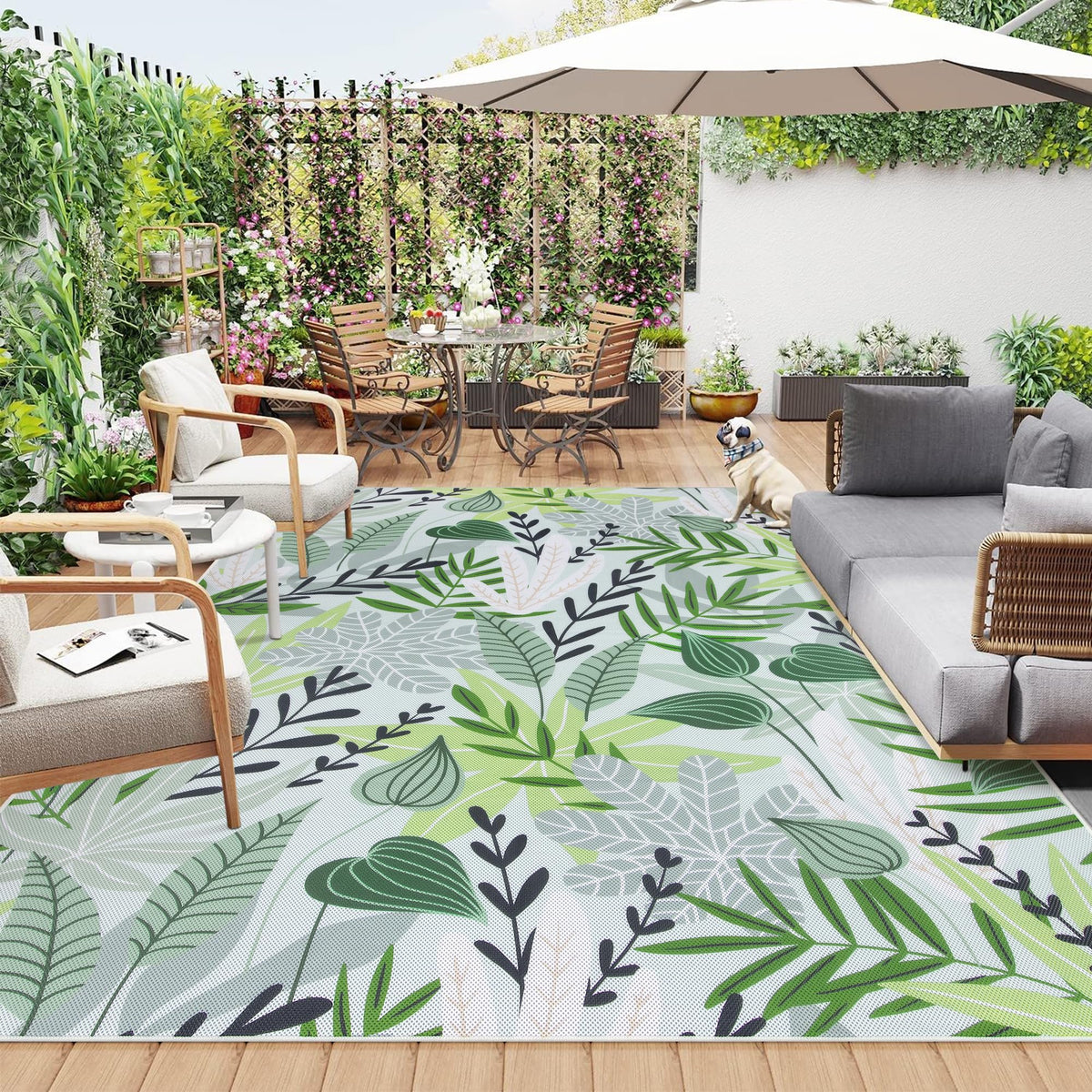 Lahome Leaf floral outdoor rug 8x10 for patios, non-slip and durable underfoot.