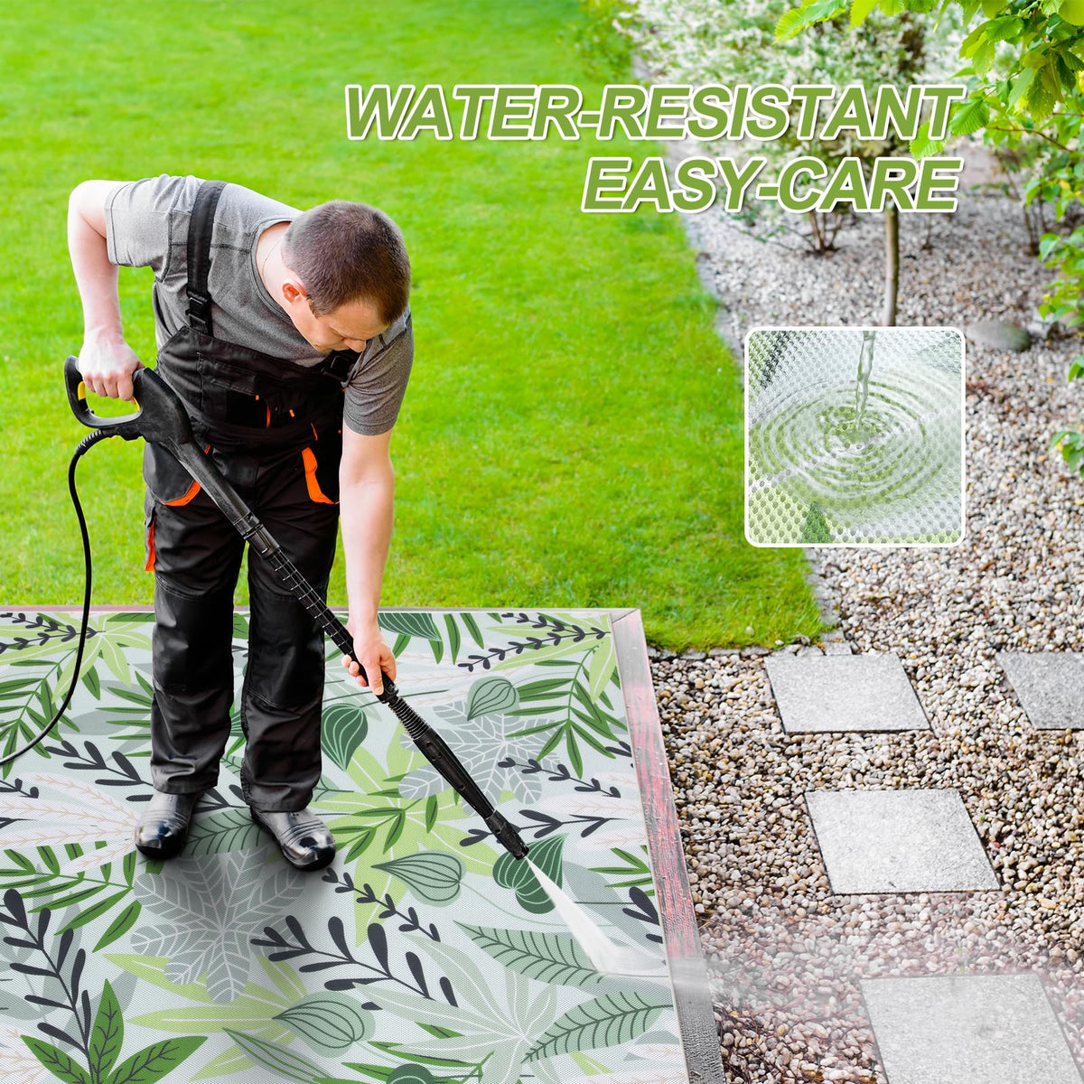 Lahome Leaf non-slip backing keeps the rug in place on decks and patios.