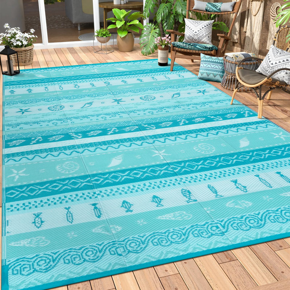 Lahome outdoor rug pattern closeup highlighting durable weave and vibrant blue-multi color