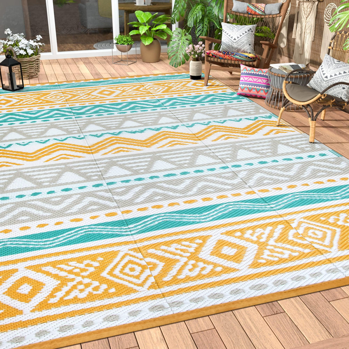 Lahome outdoor rug 8x10 blue-yellow, ideal for patios, decks, and picnics.