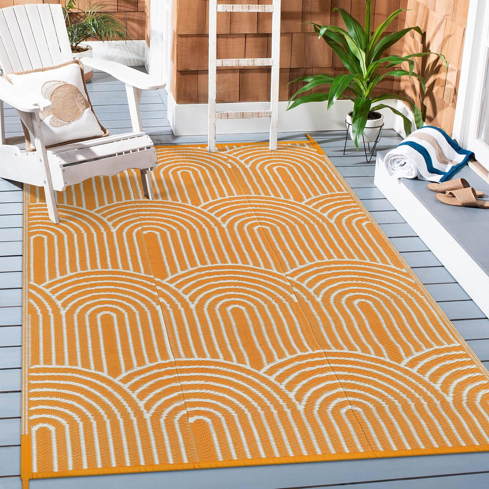 Lahome rainbow design rug adds vibrant color to patios and decks.