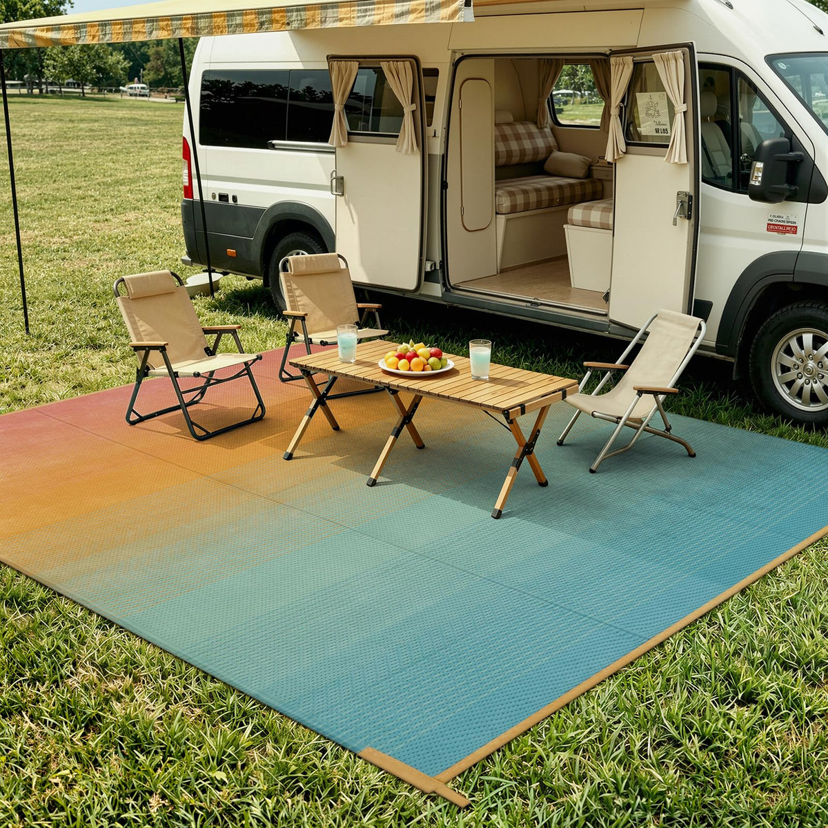 Lahome rainbow reversible mat offers two looks for flexible outdoor setups.