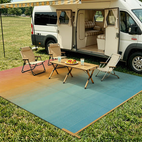 Lahome rainbow reversible mat offers two looks for flexible outdoor setups.