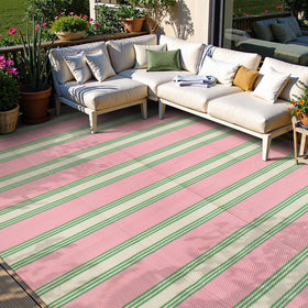 Lahome striped outdoor rug on patio; waterproof and easy to clean