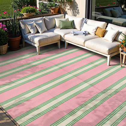 Lahome striped outdoor rug on patio; waterproof and easy to clean