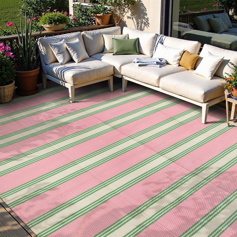 Lahome striped outdoor rug on patio; waterproof and easy to clean