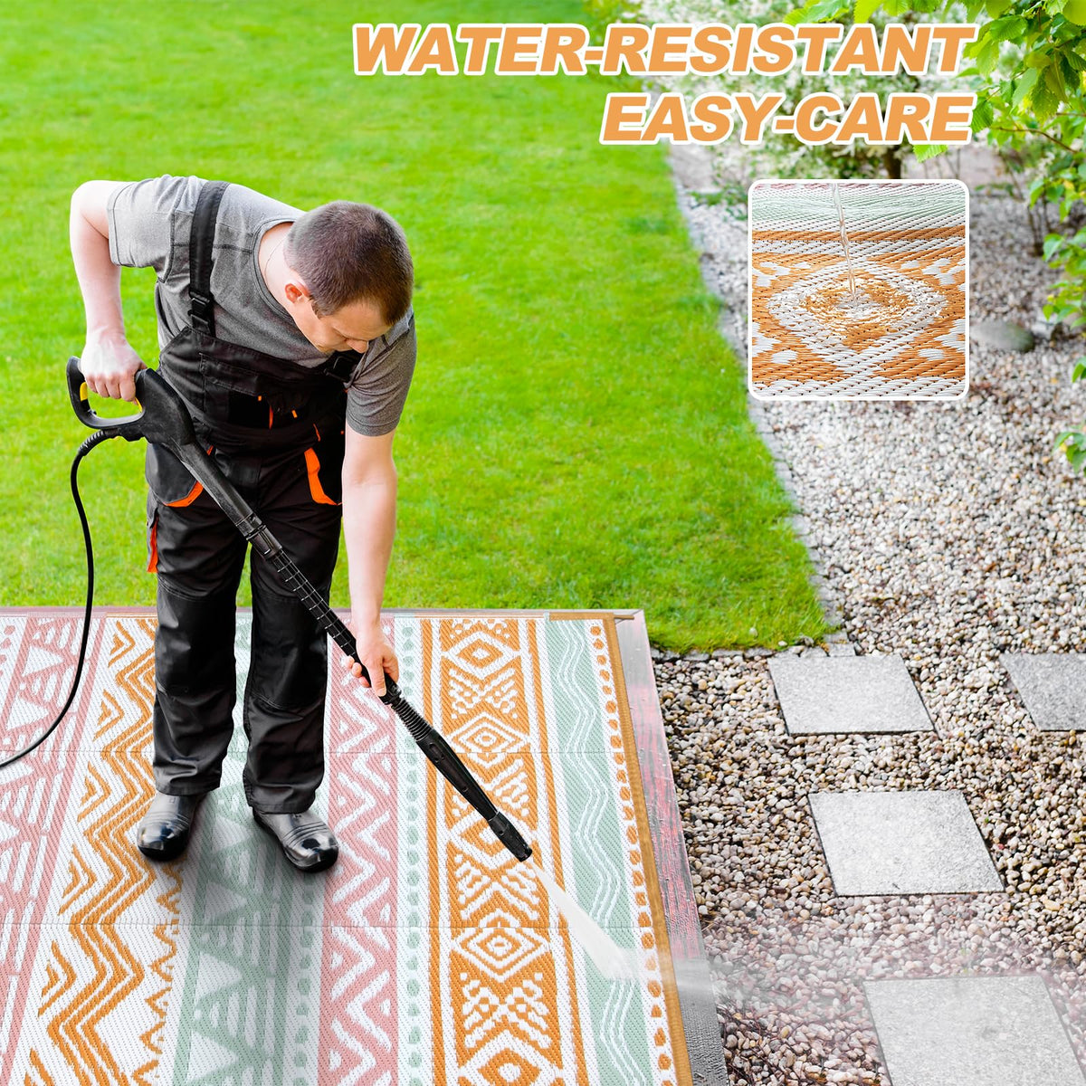 Lahome UV-protected rug with sturdy edges for long outdoor use.
