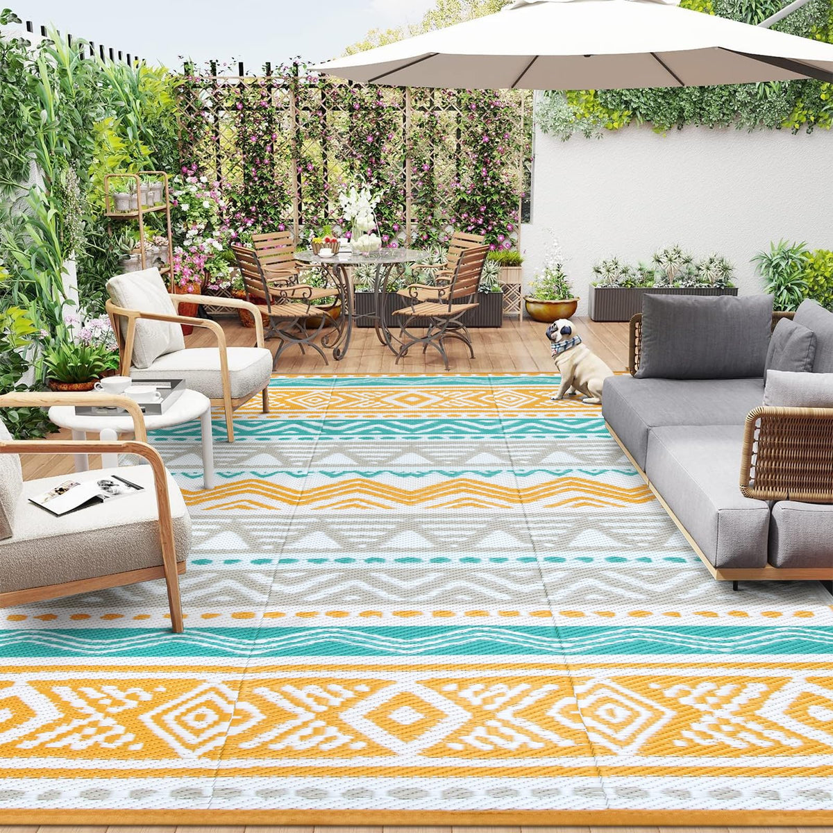Lahome waterproof outdoor rug 9x12 blue-yellow, easy to clean after outdoor spills