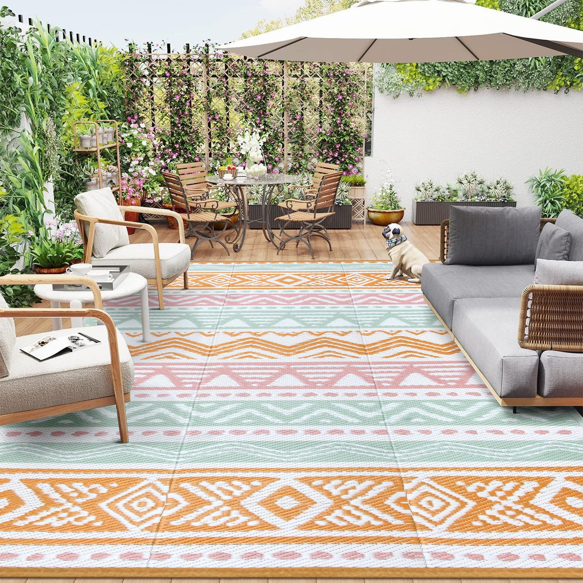 Lahome waterproof outdoor rug 9x12 on patio, easy hose cleanup.