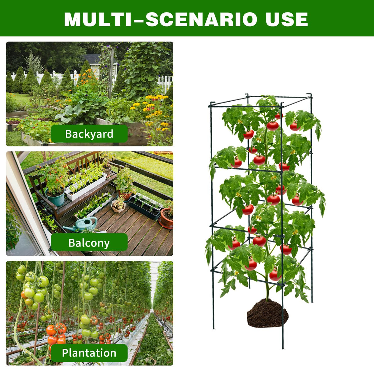 LAKNUAL cages provide sturdy plant support in various outdoor settings