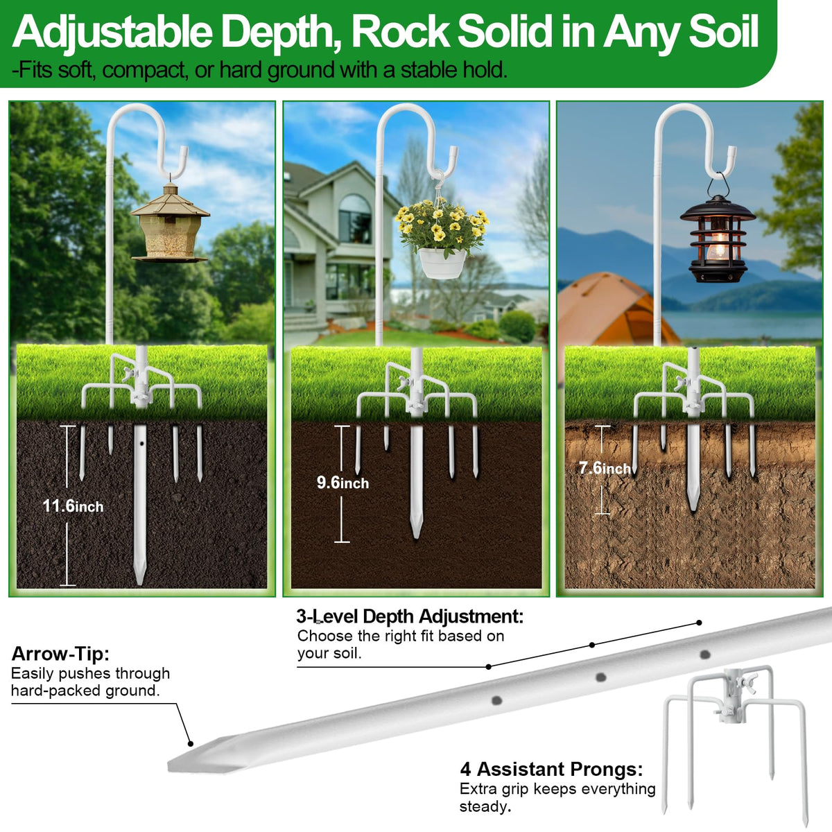LAKEROD Shepherd's Hook with deep U-curve minimizes wind sway for hanging items