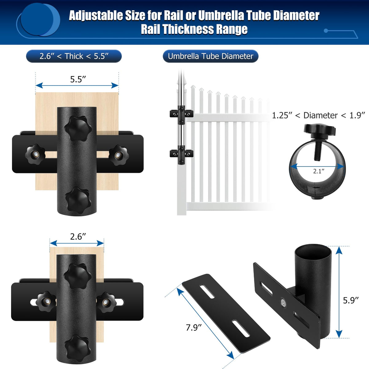 Lalafancy deck umbrella holder shown from side view with rail mounting