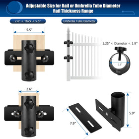Lalafancy deck umbrella holder shown from side view with rail mounting