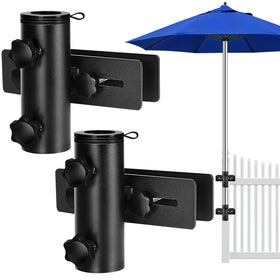Lalafancy umbrella base clamps securely to a deck rail for shade