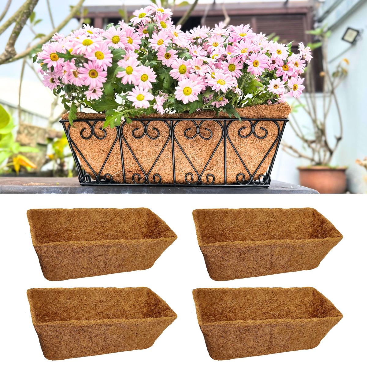 LáLáGreen 16in rectangular coco liner in a hanging basket for drainage and airflow.
