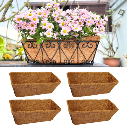 LáLáGreen 16in rectangular coco liner in a hanging basket for drainage and airflow.