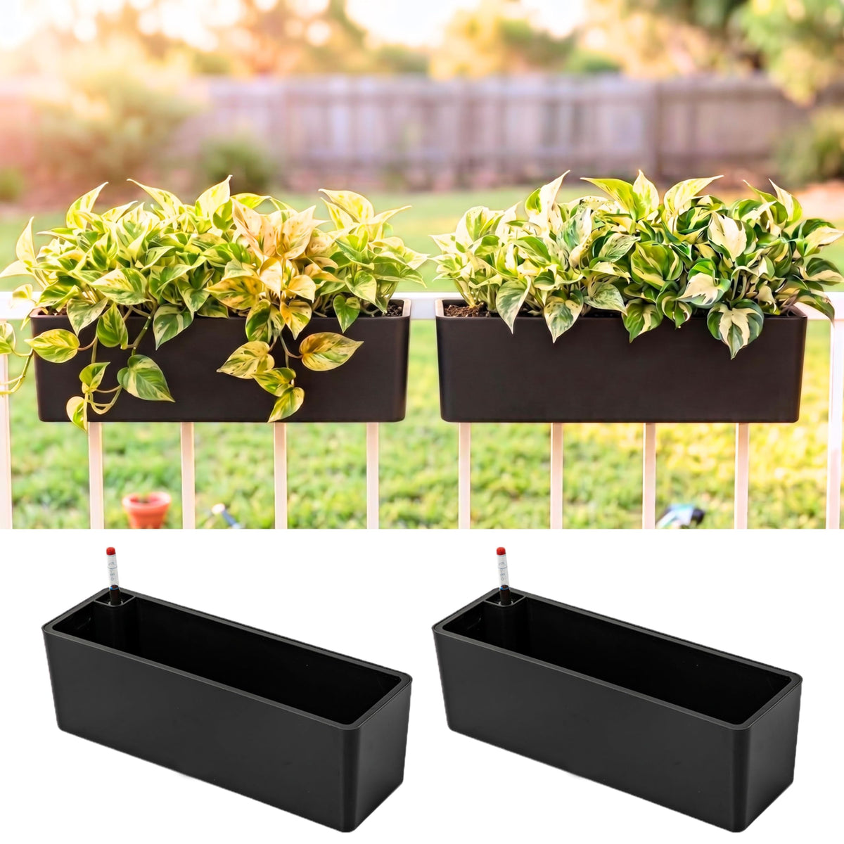 LáLáGreen 16-inch railing planter box with self-watering system for balconies and decks.