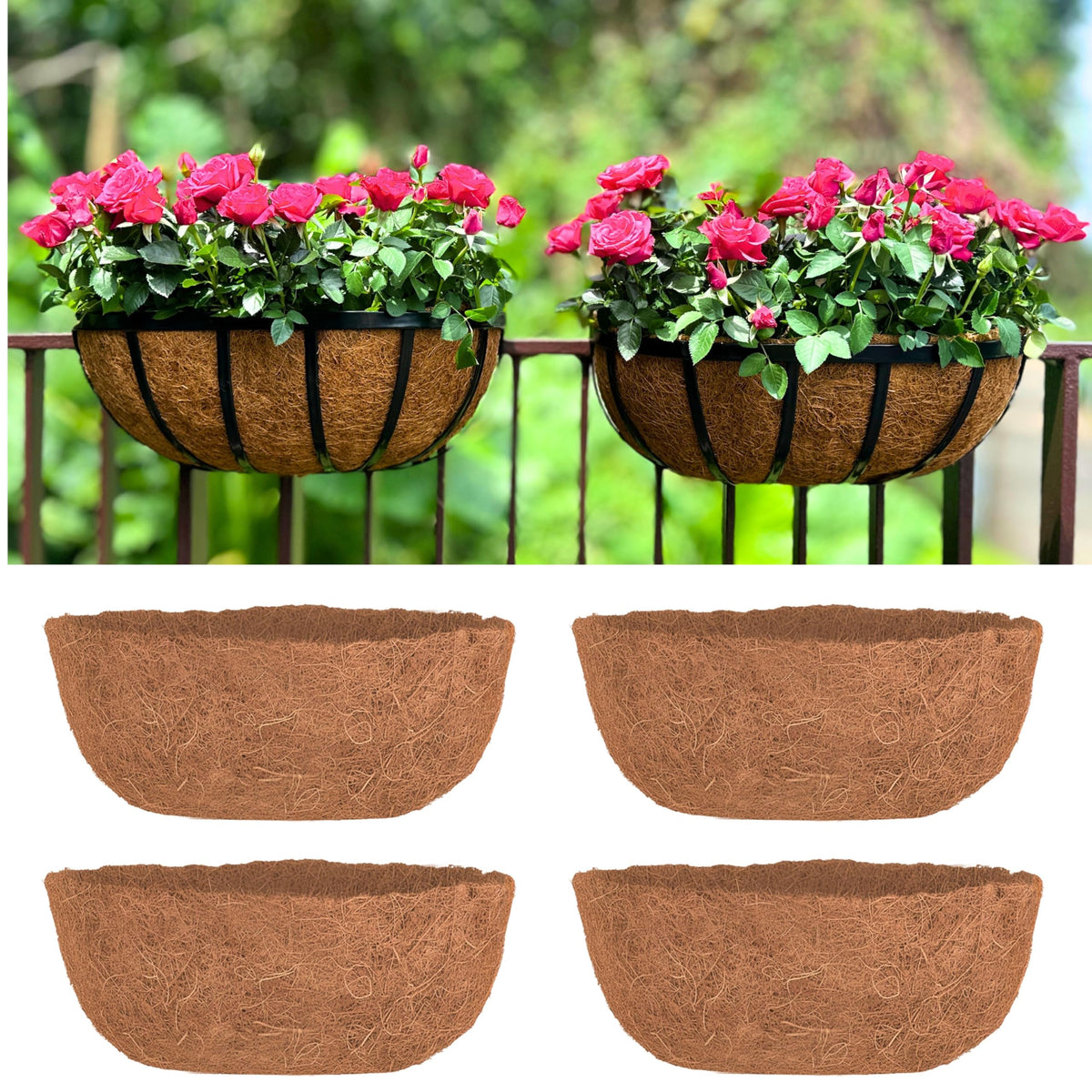 LáLáGreen 36-inch liner inside a hanging basket, promoting drainage for healthy roots