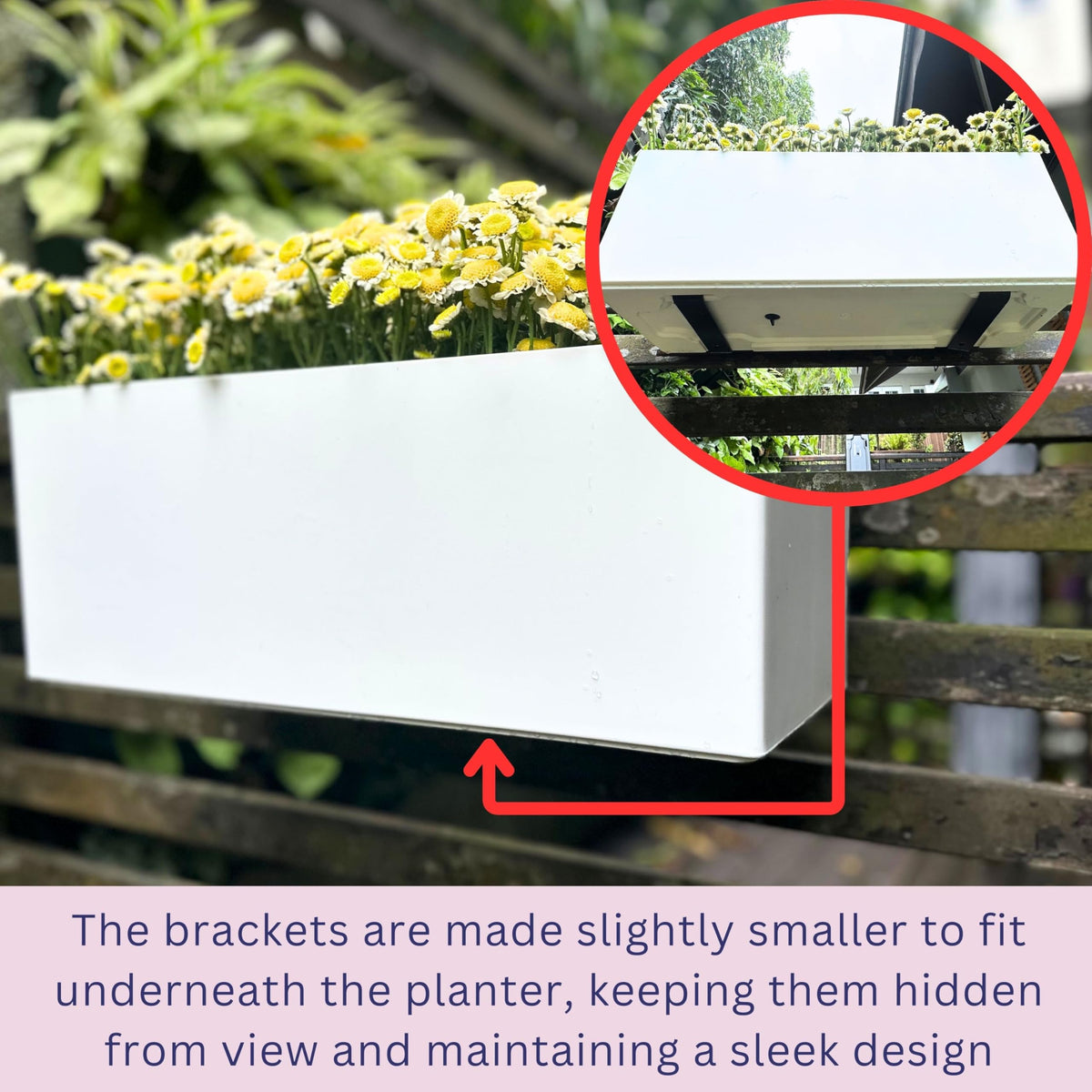 LaLaGreen mounting bracket secures planters to railing.