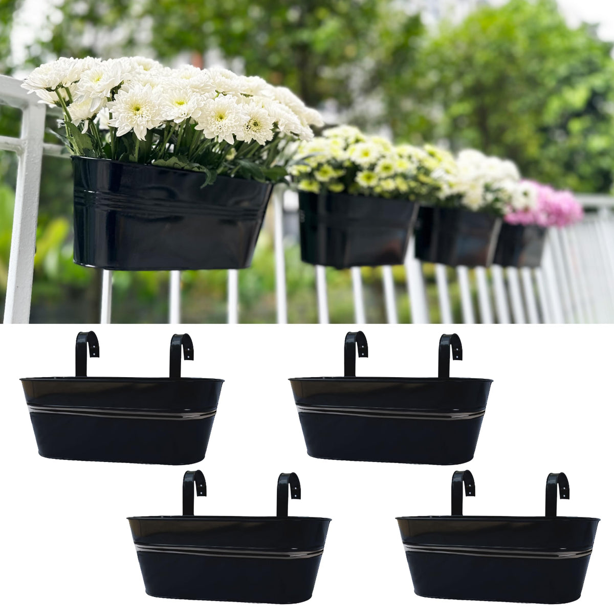 LaLaGreen 17-inch deck railing planter box in a four-pack, ideal for balcony spaces.