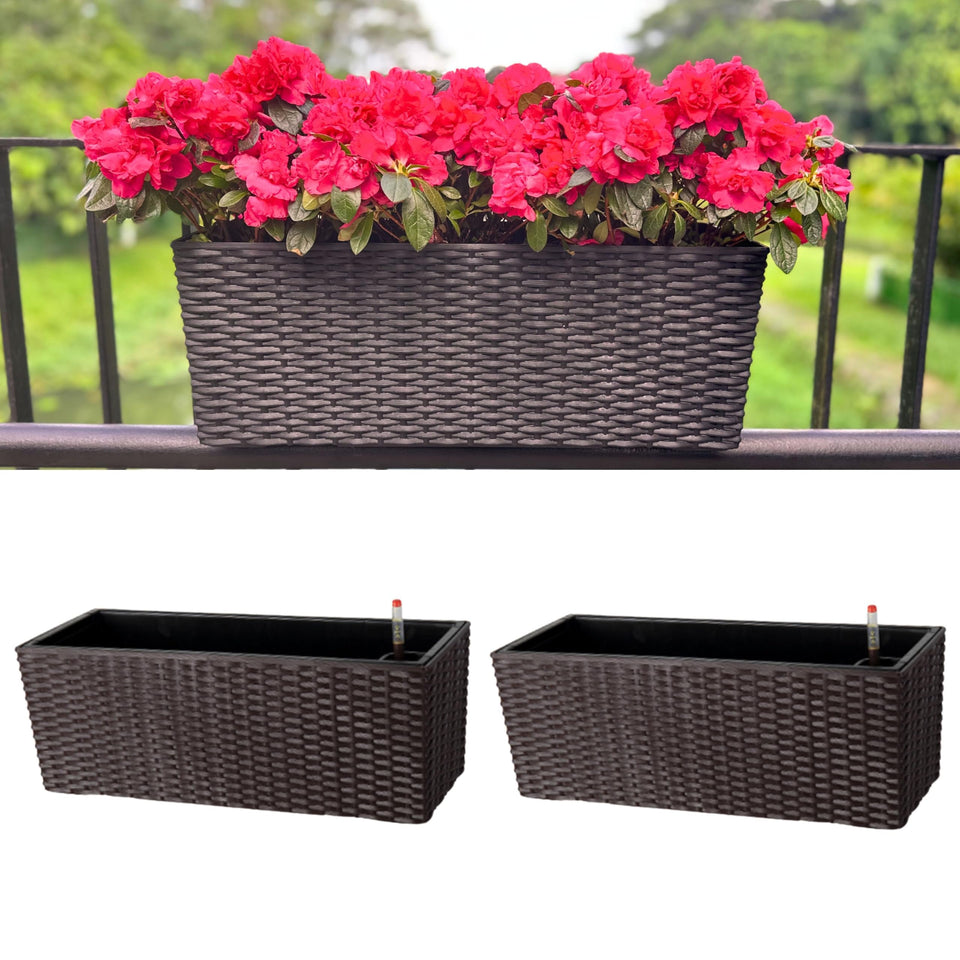 LaLaGreen outdoor rail planter 20 inch with brown rattan pattern for balcony decoration and greenery