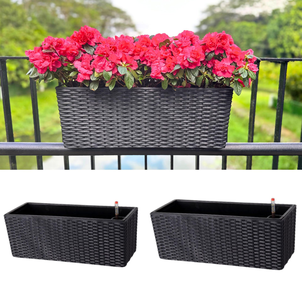 LáLáGreen outdoor rail planter in black with a rattan pattern for balcony growing.