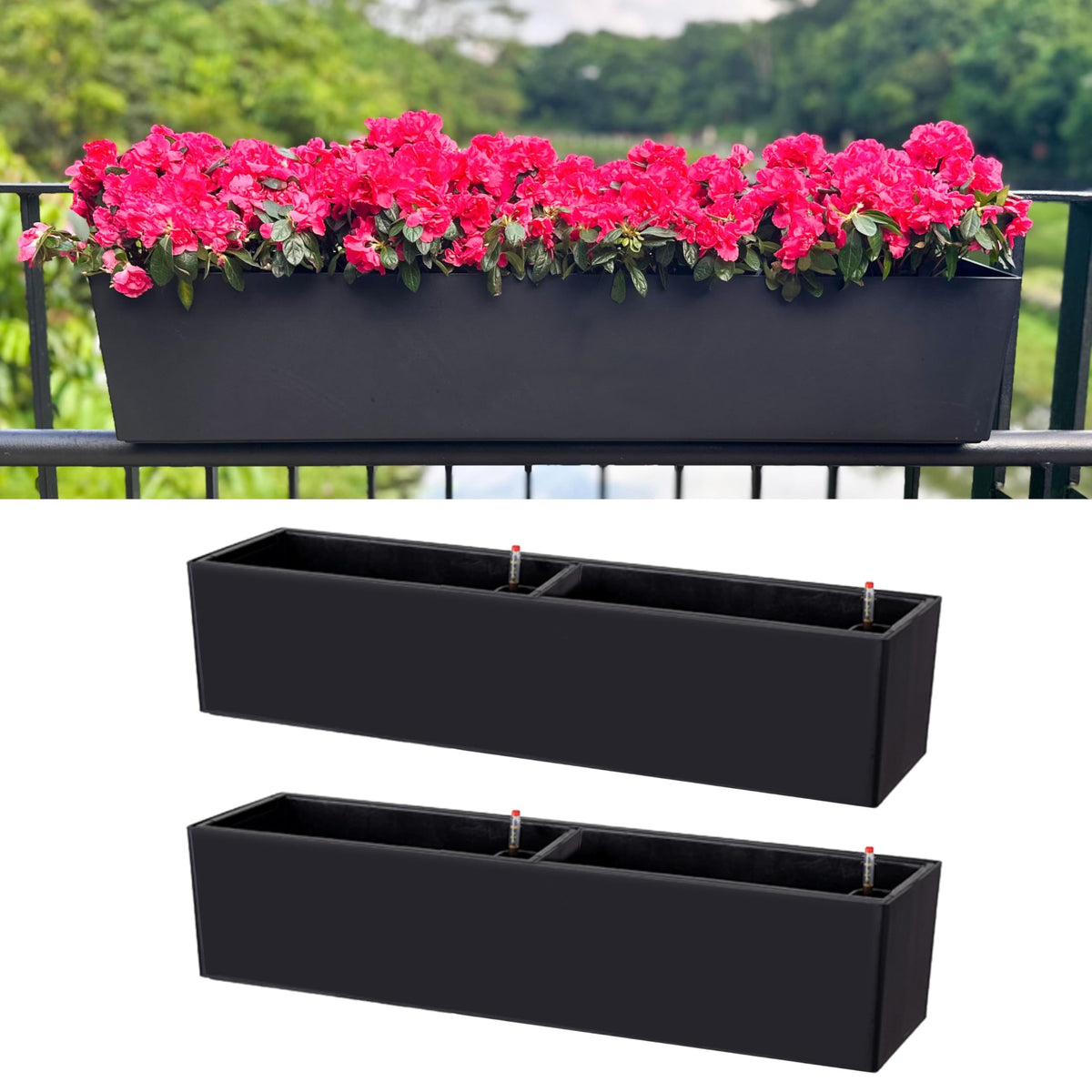 LaLaGreen rail planter box on deck railing with self-watering feature for easy care