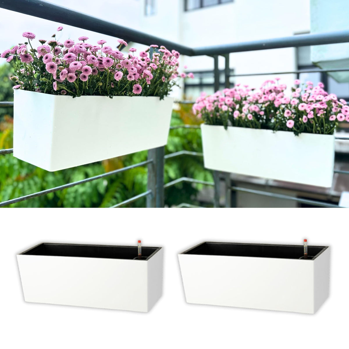 LaLaGreen railing planter box, 14-inch outer white, ideal for balcony gardening.