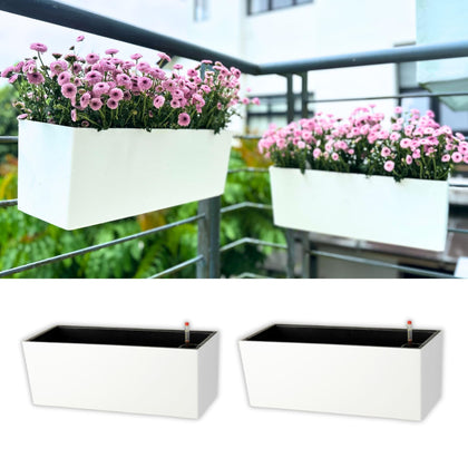 LaLaGreen railing planter box, 14-inch outer white, ideal for balcony gardening.