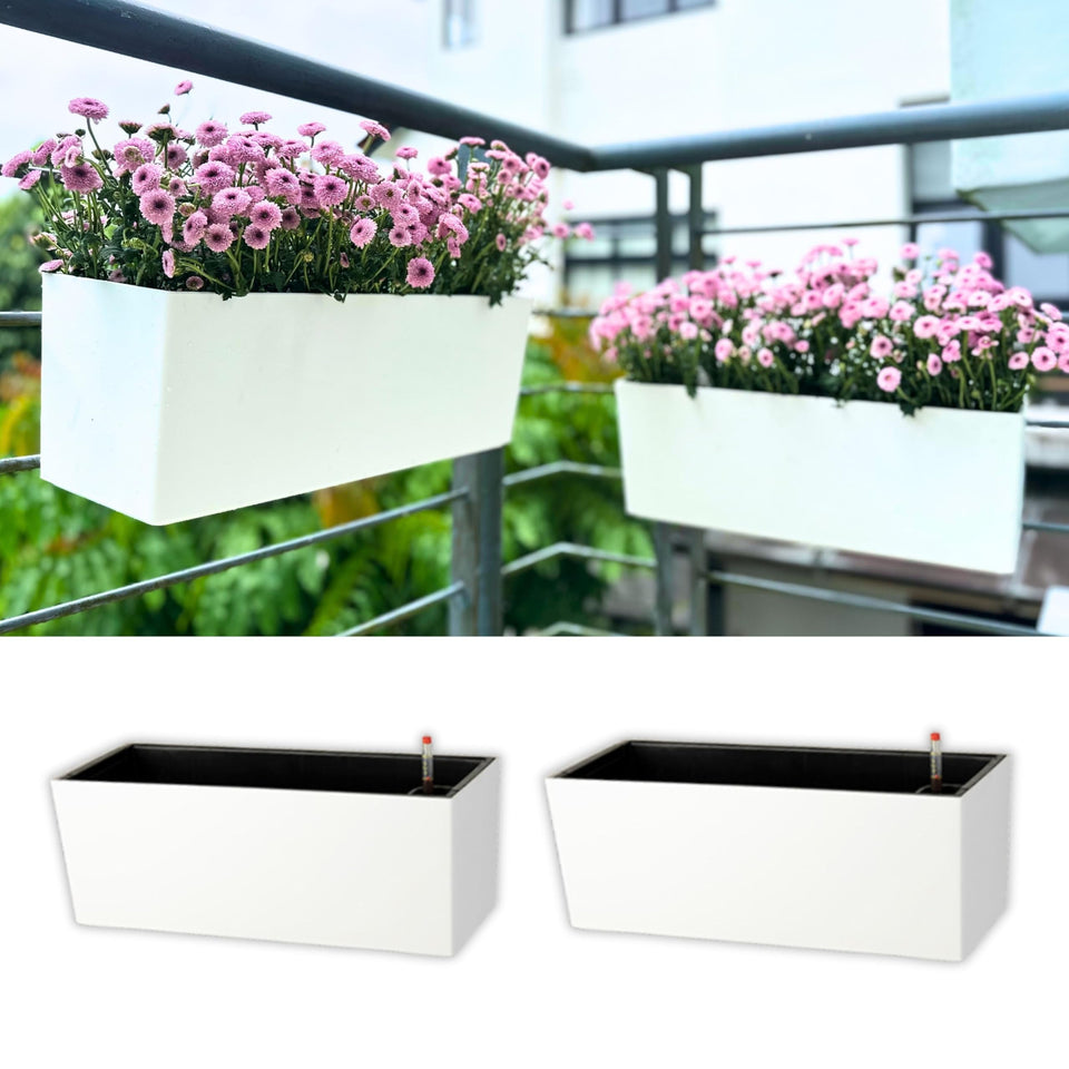 LaLaGreen railing planter box, 14-inch outer white, ideal for balcony gardening.
