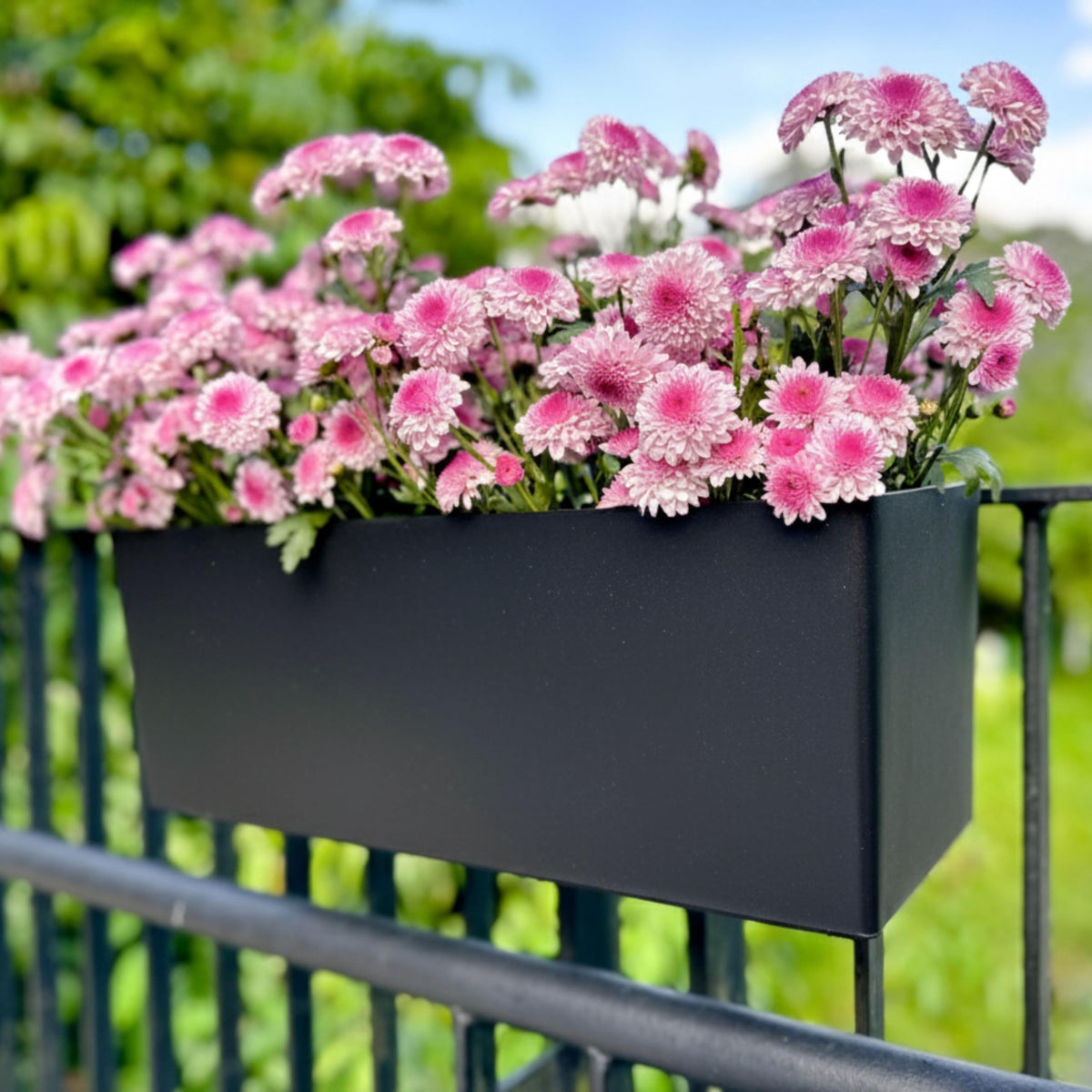 LaLaGreen outer railing planter box in black for a sturdy balcony display.
